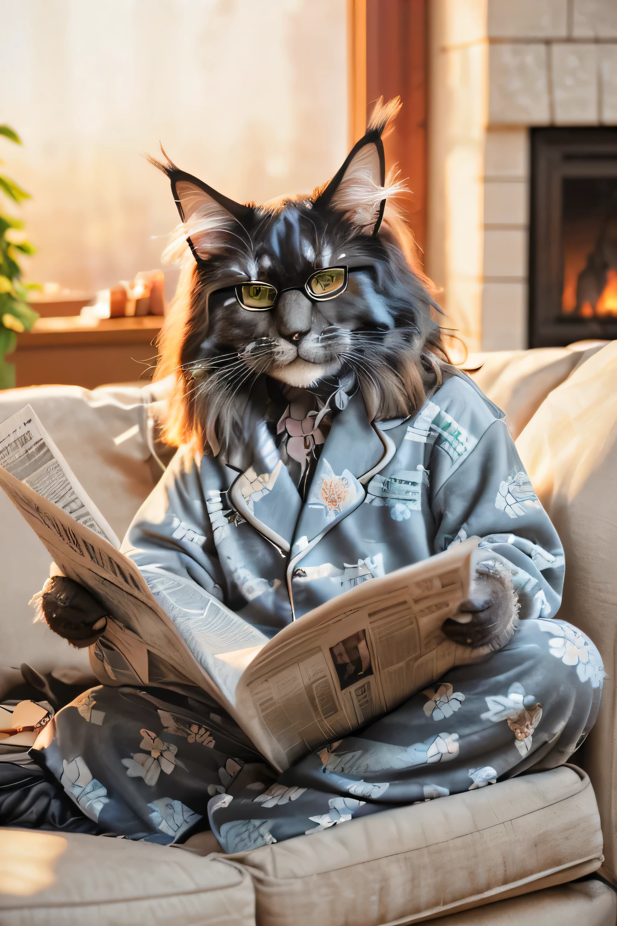 A black Maine Coon cat, sitting on a couch, wearing pajamas, glasses, looking at a newspaper, a fireplace, sunny details, depth of field, excellent details, cartoon, cinematic light effects, 3D, cute and whimsical, fantasy, bokeh, digital painting, soft lighting, panoramic people in focus, 4K resolution, photorealistic rendering, high-quality details, vector image, realistic masterpiece, professional photography, floral Backgrounds, Isometric