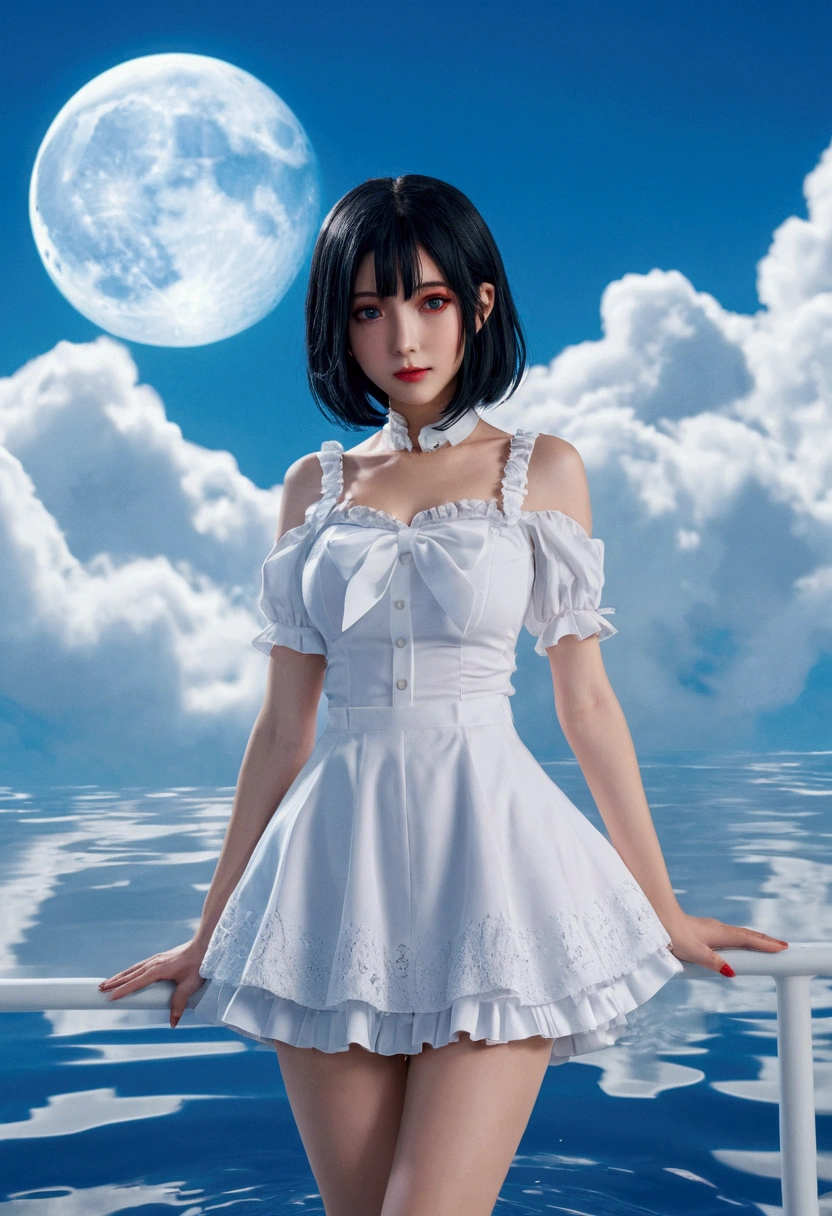 7 Doppelganger Shots,Anime Style 4k,High quality anime art style,On the chest,Splash ink background,Blue Theme、Pure white background,building,Face close-up,building,Moon and sun、Twinkle Star々,milky way,Bright sky,look at me,Look forward,Clear eyes and nose,cute,beautiful,Thin legs,standing by the water,Black Hair, Red eyes, girl, Bob, front, whole body,cute,Blue background,Shortcuts,ta Fashion,ショートBob,Black Hair,