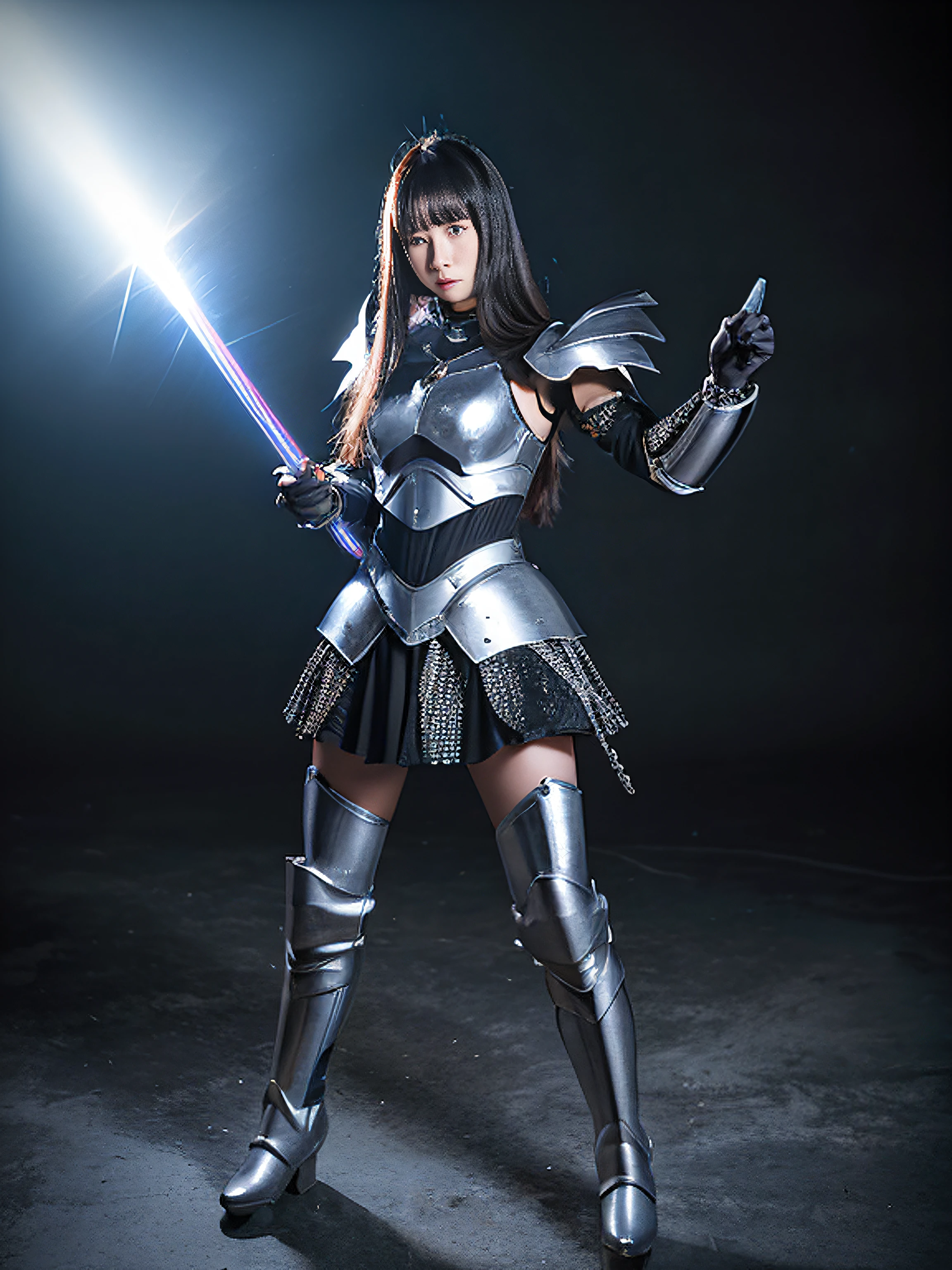 high-definition picture,masutepiece,Fighting Princess,Full-body high-definition images, Exquisite, Black Haired Beautiful Girl, Silver armor,wear black clothes under armor,full body Esbian, Beautiful and detailed halo, Detailed Lighting, Detailed flame,(Beautiful and detailed eyes: 1.1), a cold expression, battle field,From a little far away,stomp the enemy,Shoots a laser beam from the sword,Silver long boots