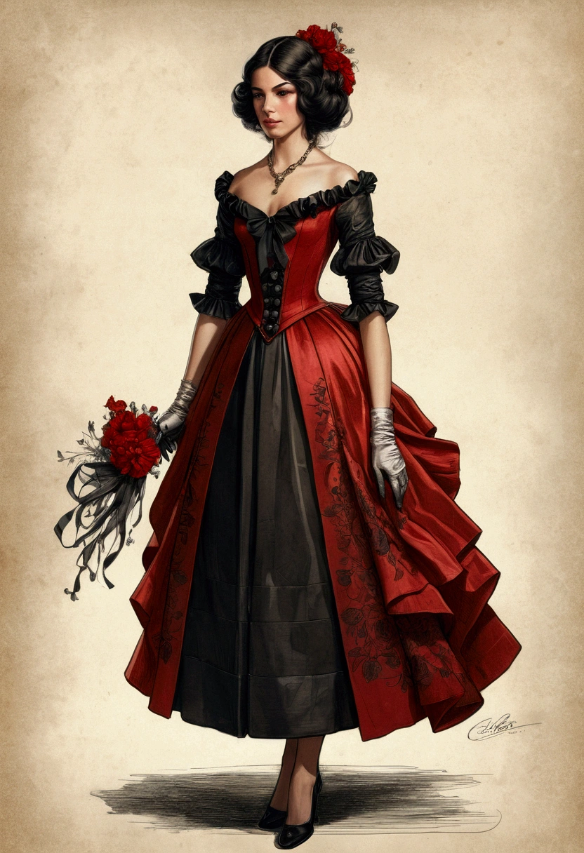 Charlie Bowater realistic lithographic sketch of a full-length portrait of a young beautiful woman from the Louis XIV era, Dieselpunk, red dress mixed with black flowers, multi-colored ribbons, old paper texture, very detailed