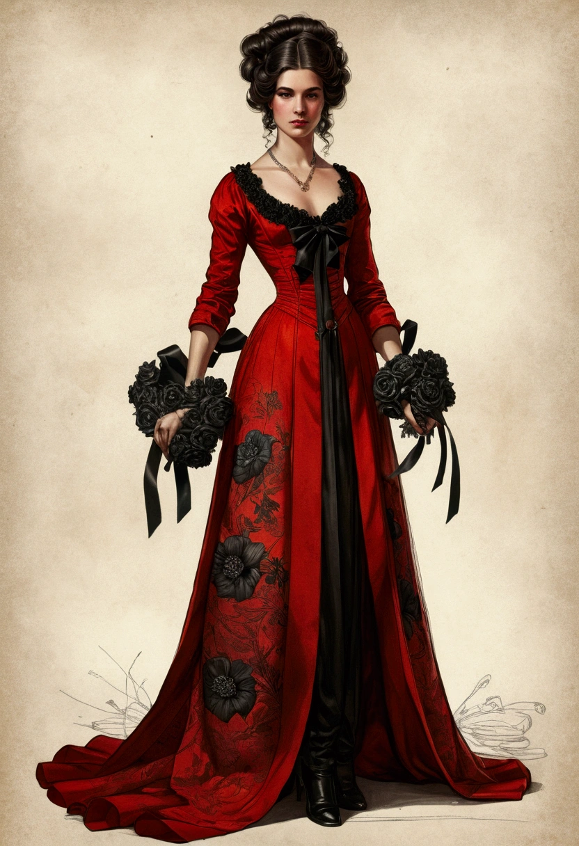 Charlie Bowater realistic lithographic sketch of a full-length portrait of a young beautiful woman from the Louis XIV era, Dieselpunk, red dress mixed with black flowers, multi-colored ribbons, old paper texture, very detailed