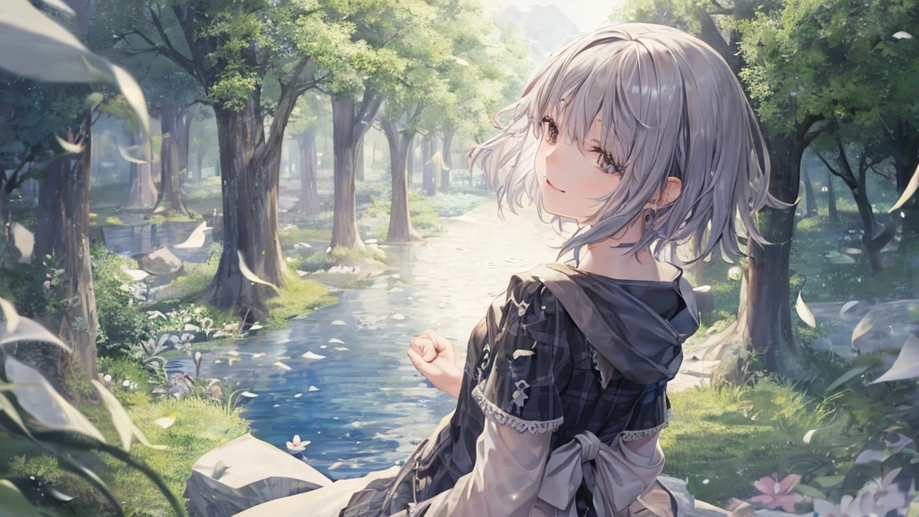 Ultra HD,Look at the viewers, Put your hands behind your back, With a girl, 20-year-old, 非常にShort Hair, Long bangs between the eyes, Pale blue eyes, Very detailed,(masterpiece、Highest quality),Gray Hair、Laughter、Fantastic, Silver Hair, Iris, Short hair、 Fluttering Hair、Small Face、明るいsmile、(Detailed face) ,Professional Lighting,Wonderful landscape,blue sky, sunlight,Looking down from above,Portraiture、Open your mouth、Flower Field、Her eyes were shining、Mysterious and enchanting atmosphere。With AI Painting、とてもShort Hair, Long bangs between the eyes, Very detailed,(masterpiece、Highest quality)、alone、Gray Hair、Fantasy, Silver Hair, Fantasyな風景、smile、Open your mouth、short hair、Short Hair、hairpin、black eye、Grey Eyes、Beautiful Eyes、Black Shirt、White hoodie