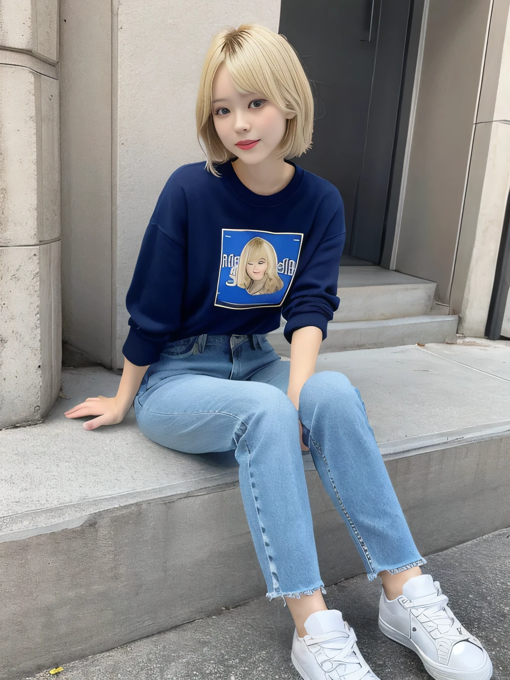Clear Beauty、Full body photo、((Blonde Hair))), (Artwork, high quality) woman, Calusa Jeans Skinny, sneakers、