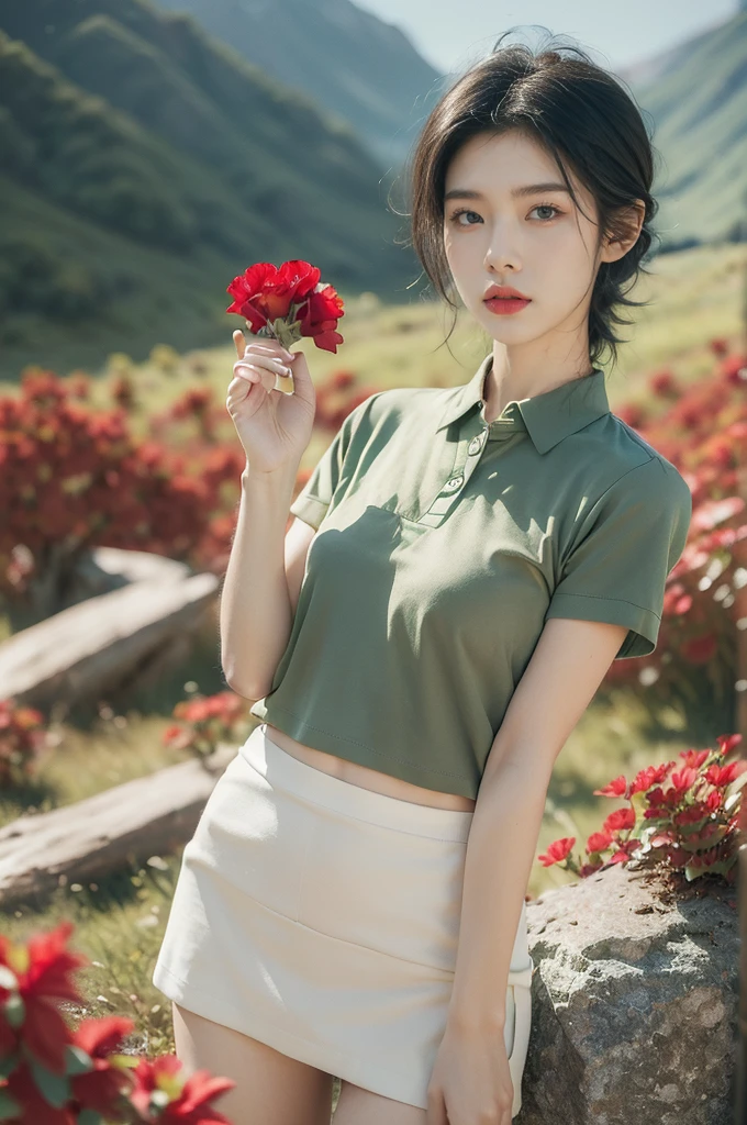 (((best quality))),(((ultra detailed))),(((masterpiece))),illustration,((1 beautiful girl,tomboy,solo)),(short black hair:1.3),((slim,thin)),((small breasts,thin)), vigorous, confident, (light green collared short-sleeved shirt:1.3), (dark green skirt:1.2),(slender legs:1.2),(standing:1.3),simplicity, robustness, strong features, (Abandoned Gobi Scene:1.3),(Rock surface:1.2),glowing eyes, rebellious, sensible, (mountainous landscape:1.3), (beside a vibrant red flower:1.3),elegance, unyielding spirit, youthful beauty, strength, resilience, adversity, challenges,((from front,upper body))
