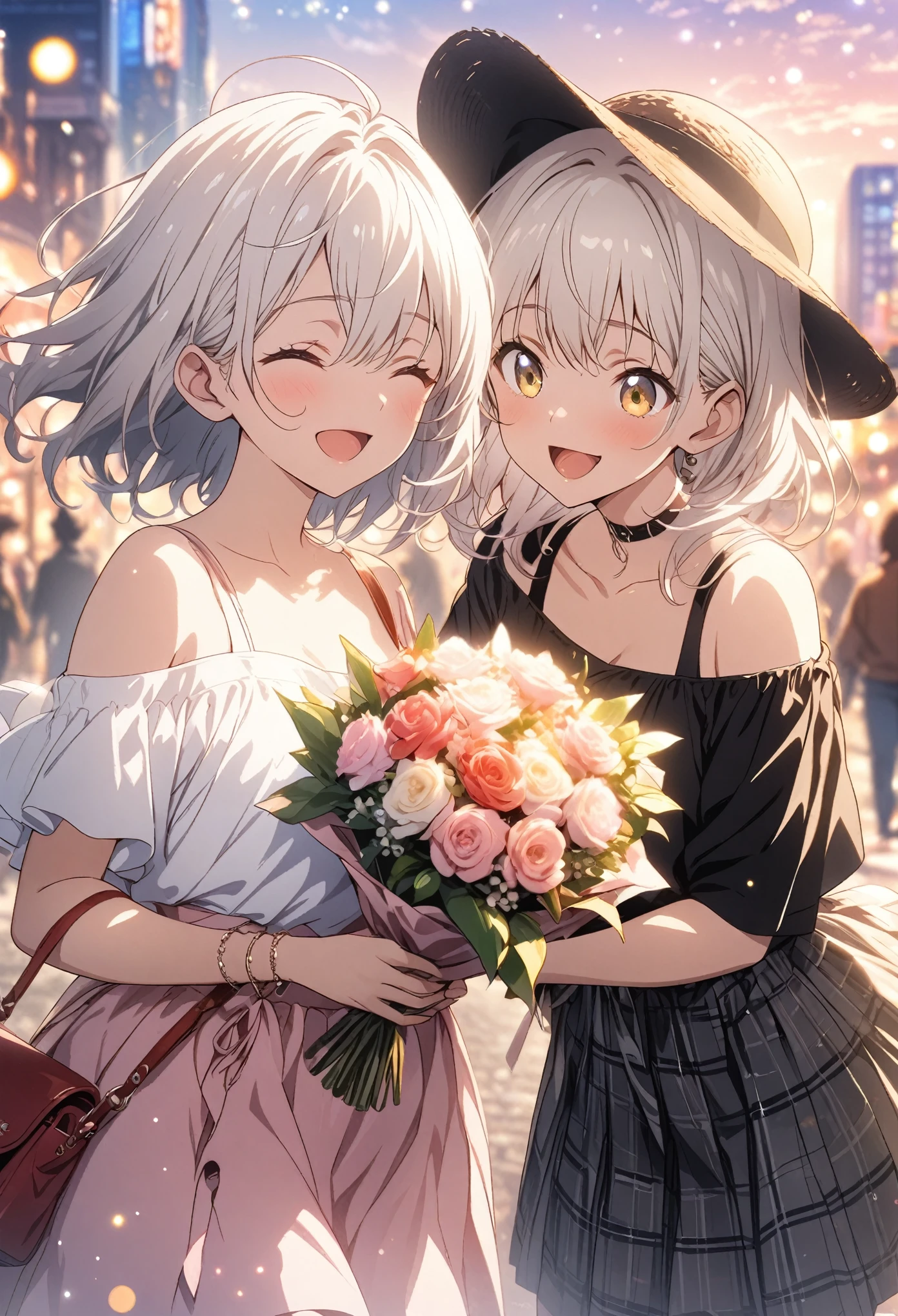 Two Girls, Holding a colorful bouquet, masterpiece, Highest quality, Highly detailed CG Unity 8k wallpaper, High School Girl Anime Illustration, Wearing off-the-shoulder clothing, She is wearing a red and black checked skirt., She closes her eyes and opens her mouth wide, smile. white hair color, Yellow Eyes, Bokeh, Street Style Fashion, Wear a hat, Shoulder bag included, Lens flare, The rising sun, Pink Sky, The background is the cityscape, Bokeh photo, (Soft Focus): 1.2, Out of focus highlights, Dreamy atmosphere, Fascinating Depth