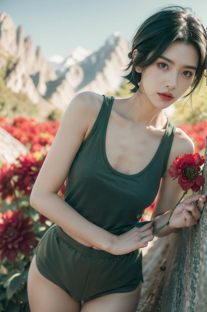 (((best quality))),(((ultra detailed))),(((masterpiece))),illustration,((1 beautiful girl,tomboy,solo)),(short black hair:1.3),((slim,thin)),((small breasts,thin)), vigorous, confident, (light green tank top:1.3), (dark green shorts:1.2),(slender legs:1.2),(standing:1.3),simplicity, robustness, strong features, (Abandoned Gobi Scene:1.3),(Rock surface:1.2),glowing eyes, rebellious, sensible, (mountainous landscape:1.3), (beside a vibrant red flower:1.3),elegance, unyielding spirit, youthful beauty, strength, resilience, adversity, challenges,((from front,upper body))