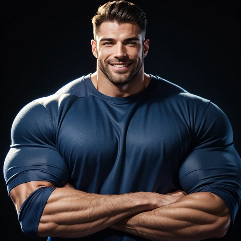 a very handsome, smiling, massively muscular man with massively large muscles, wearing a simple blue sweatshirt, on a black background