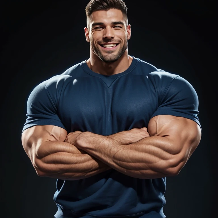 a very handsome, smiling, massively muscular man with massively large muscles, wearing a simple blue sweatshirt, on a black background