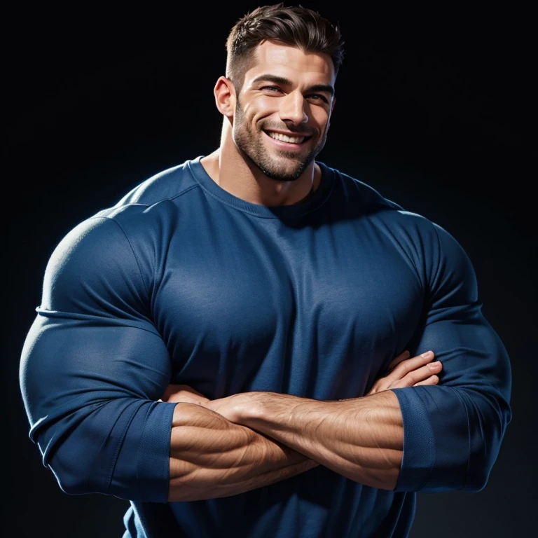 a very handsome, smiling, massively muscular man with massively large muscles, wearing a simple blue sweatshirt, on a black background
