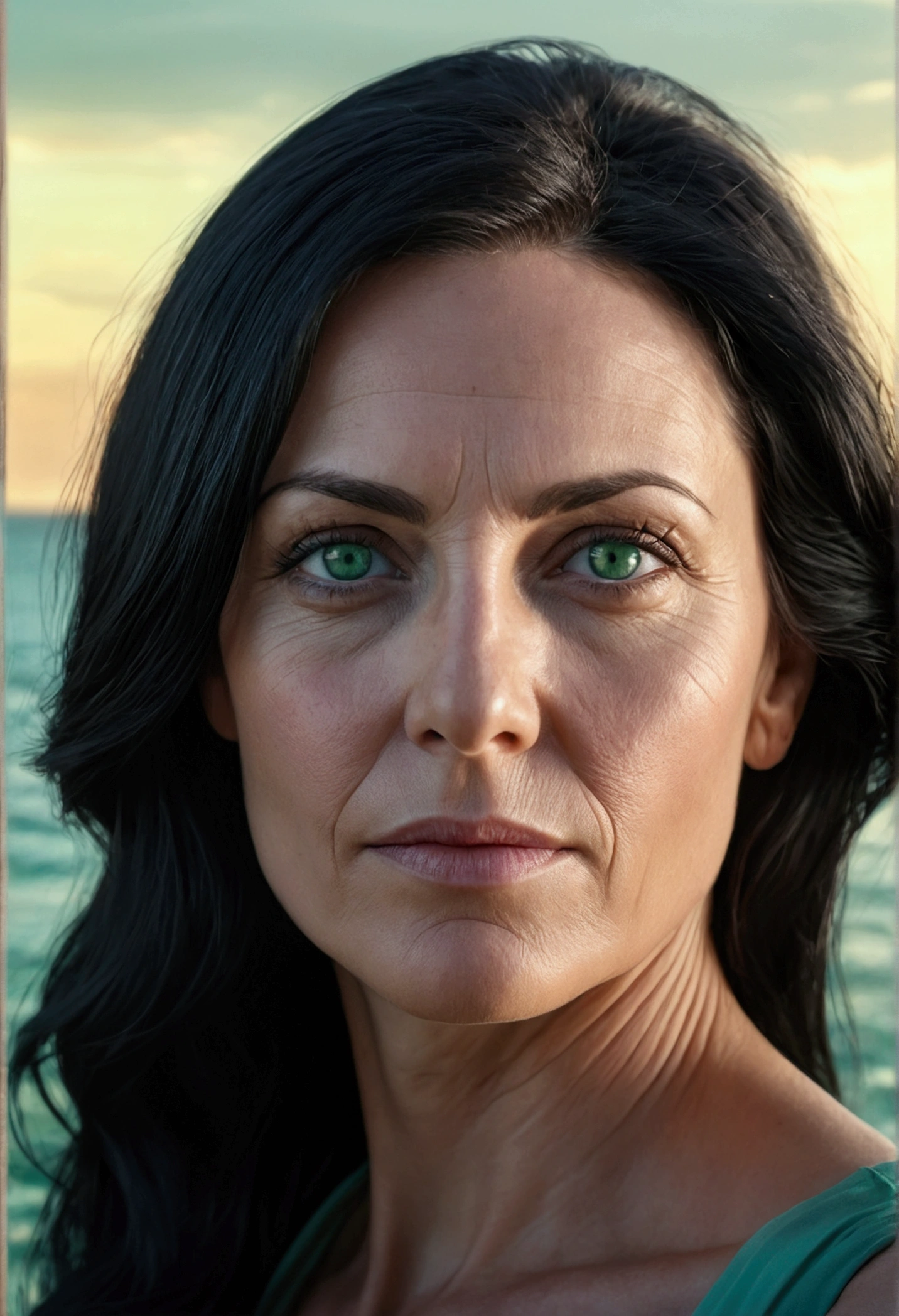 realistic portrait of a beautiful 40 year old woman ,black hair, sea green eyes, Realism, cinematic lighting, 16 thousand., Anatomically correct, high detail