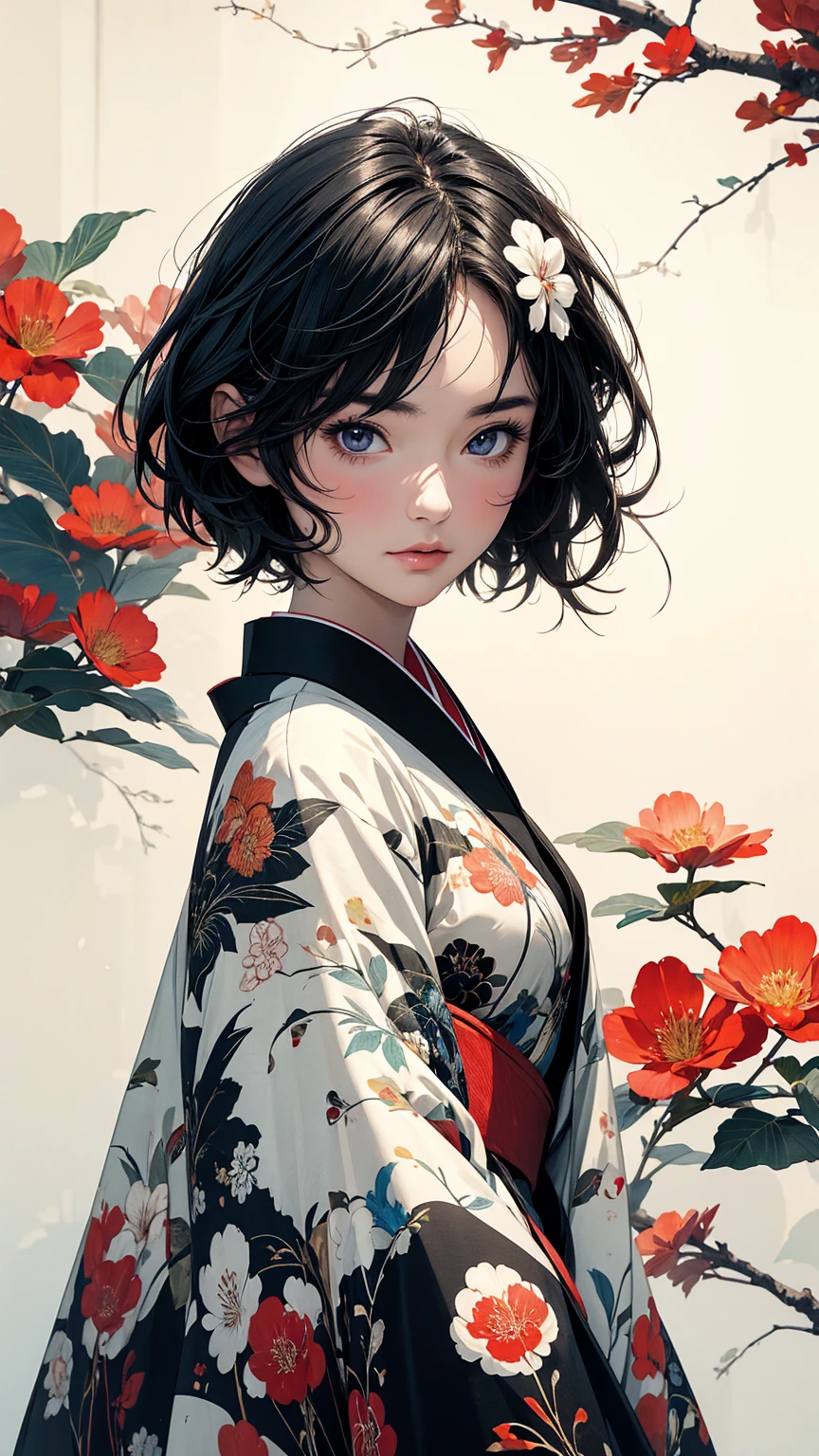 (masterpiece, High resolution, Highest quality), 20-year-old woman, Focus on the upper body, Asymmetrical short hair, Posing like a model, kimono, Petal Collage, abstract design, And handle background, Anime Style, Simple lines, Digital Painting,