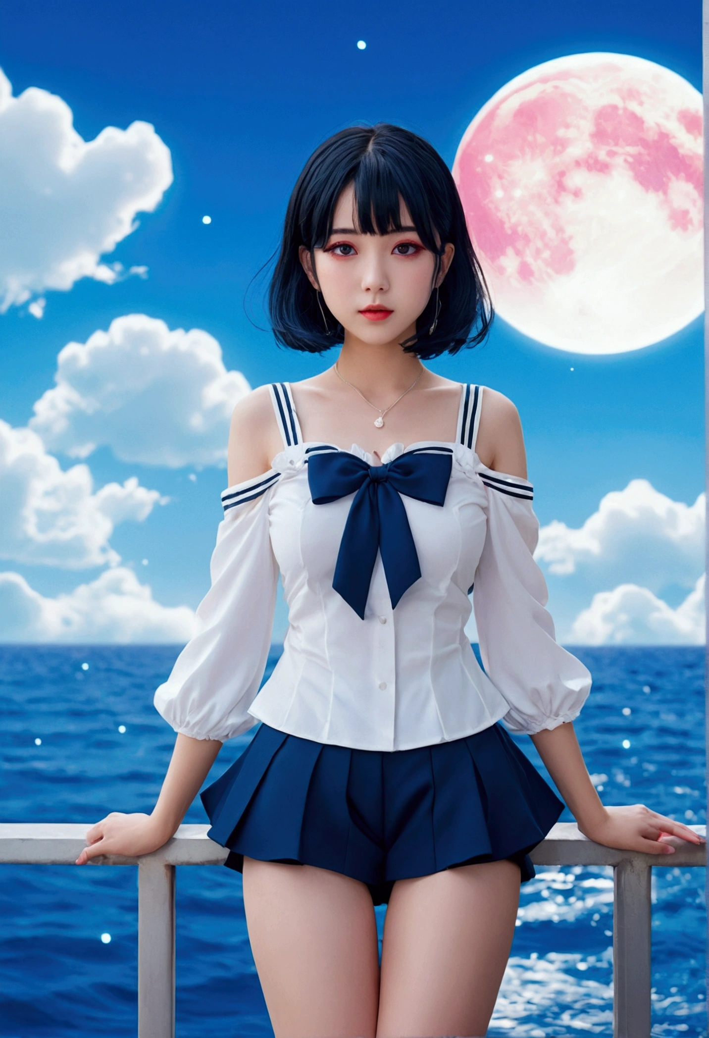 Anime Style 4k,High quality anime art style,On the chest,Splash ink background,Blue Theme、Pure white background,building,Face close-up,building,Moon and sun、Twinkle Star々,milky way,Bright sky,look at me,Look forward,Clear eyes and nose,cute,beautiful,Thin legs,standing by the water,Black Hair, Red eyes, girl, Bob, front, whole body,cute,Blue background,Shortcuts,Lolita Fashion,ショートBob,Black Hair,