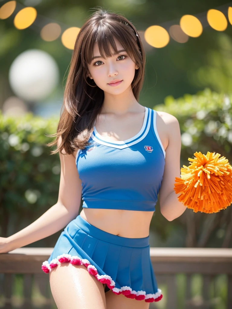 masterpiece, Highest quality, Very detailed, High resolution, (Realistic, photoRealistic:1.37), Excellent anatomy, One beautiful woman, 18-year-old, Height: 152cm, Colorful cheerleader, (Holding a pom-pom in both hands:1.3), A small smile, cheer leading, Cheerleader uniform, (shape), Tank top, Micro Pleated Mini Skirt, ((Very delicate and beautiful)), (Bokeh, Blurred outdoor background), Brown Hair, Long Hair, bangs, Very beautiful face, Cute type, Big Natural Color Lip, Small and cute nose, Big and pretty eyes, Brown eyes, Obvious double, Shiny highlight spots around the eyes, Character Focus, Tilt your head, The best light, Best Shadow, mysterious, Perfect Face, Very detailed, Soft Skin, (Glowing Skin, Sweaty: 1.2), Beautiful feet, Voluptuous thighs, Plump body, Huge breasts, (Expresses the roundness and softness of the chest area.........1), Beautiful body, (The perfect woman), Spread your legs, (Provocative dynamic pose), Skirt flip,