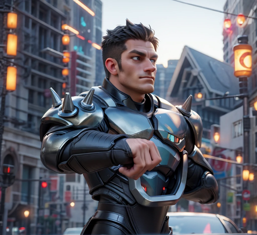 disny, muscular guy driving, scifi armor