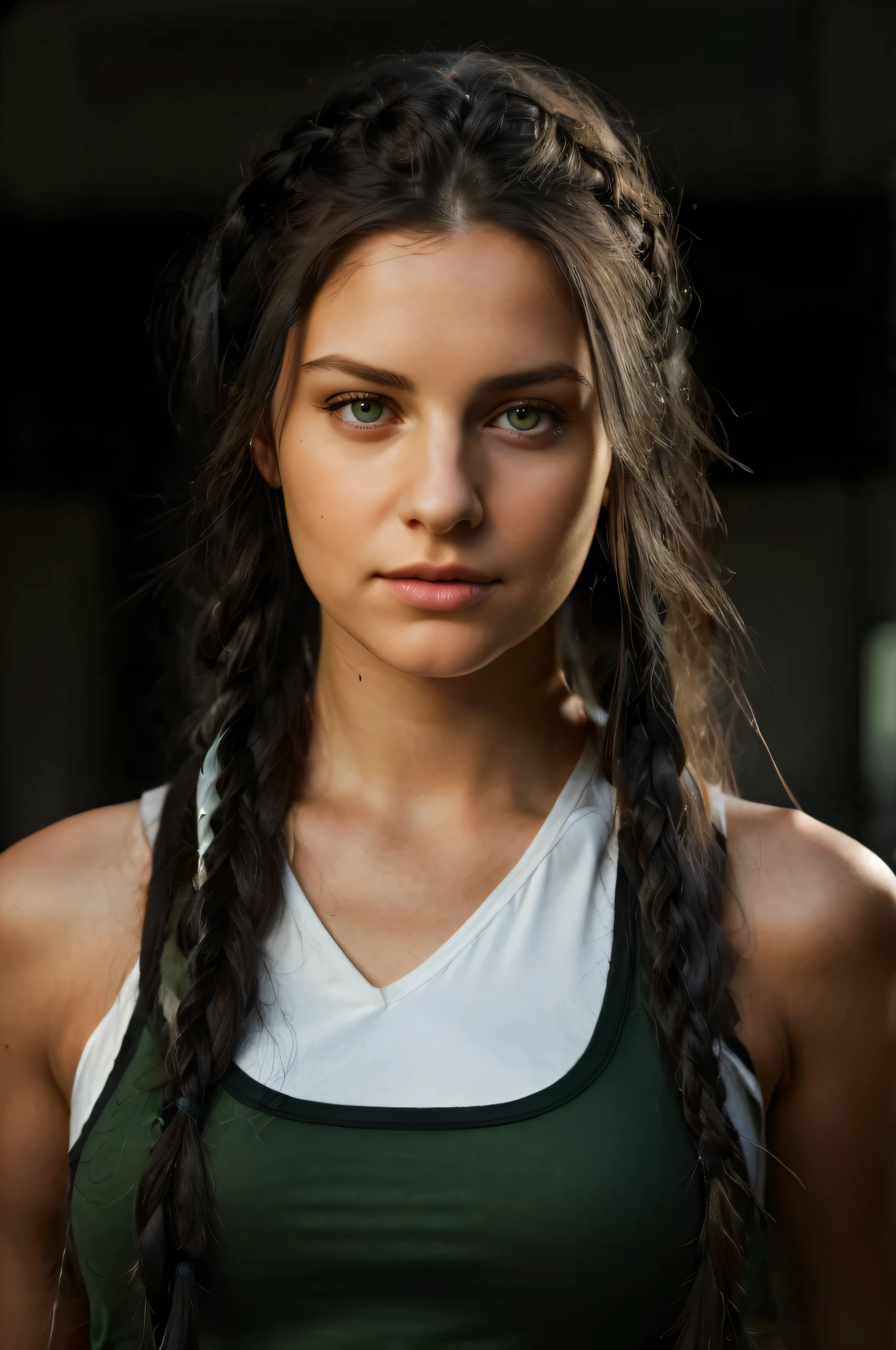 curvy woman with long black hair and green top posing for a photo, girl with braids, soft portrait photographed in 8k, woman with braided brown hair, portrait of a beautiful model, attractive female face, beautiful young woman, beautiful female model, photo of a beautiful woman, realistic face moody lighting, cinematic headshot portrait, with green eyes