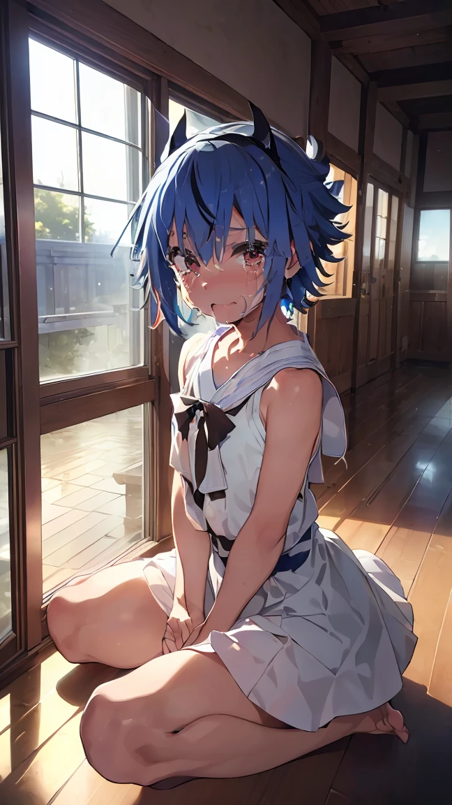 masterpiece, Highest quality, High resolution, Very detailed,(((Mikoto Naruka))), (((Blue light)))、(((Crying out loud。)))、(((Sitting far away。))), (((Facing forward。))), (((Crying with mouth open。))), night, (((indoor))), (((window))), (((Starry Sky)))