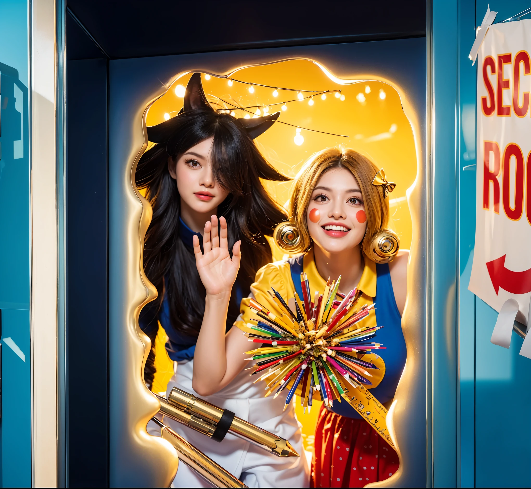 Stepping out from a festive portal, two enchanting characters present a vivid tableau of contrast and color. The character on the left captivates with her supernatural allure, her dark hair flowing wildly around her face, her gaze intense and mysterious. On the right, the embodiment of exuberance, a cheerful character in a vibrant yellow and red outfit, greets the world with a wide smile and a wave, her hands clutching a bouquet of colorful, sparkling fireworks. Behind them, the scene glows warmly under a canopy of soft lights, enhancing the magical atmosphere of this otherworldly encounter. plain background, creates a compelling visual narrative. vibrant contrast to his attire and accessories.аffects render, (glossy plastic texture with multiple big light probe refractions), perfect cgi, smooth silhouette, high intensity refraction, (super glossy plastic material), most beautiful vfx, , realistic, 4k, high resolution, rim light, smooth 3d model, multiple light sources, rim light, sharp post effects render,, realistic, 4k, high resolution, rim light detailed digital art, reflective, best quality, 4k, masterpiece:1.2, ultra-detailed, realistic, vivid colors, The image of the highest quality, ensuring every detail showcased perfectly. It in 4k resolution, allowing viewers to immerse themselves in the richness of the colors and intricate details. The realistic rendering. under the spotlight, reflecting, high-resolution image, realistic rendering