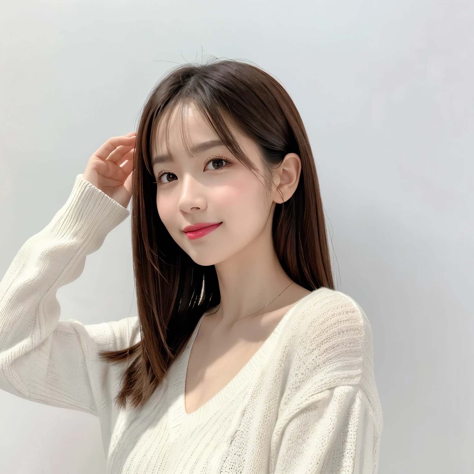 (Highest quality、Tabletop、8k、Best image quality、Award-winning works)、Cute beauty、Straight medium hair、(alone:1.2)、(White fitted V-neck long sleeve knit:1.2)、(Close-fitting V-neck long-sleeve knit:1.1)、(The simplest pure white background:1.6)、(Perfectly fixed in front:1.1)、Face close-up、(Very large breasts:1.3)、(Accentuate your body lines:1.2)、(Perfect female front and side portrait with proper space:1.2)、(A perfect feminine expression from the side or the front:1.2)、Beautiful and detailed、Look at me and smile、(Upright photo from the chest up:1.2)、(Turn around and look straight at me:1.2)、(Perfect Makeup:1.1)、Bright lipstick、Ultra-high definition beauty face、Ultra HD Hair、Ultra-high definition sparkling eyes、Ultra High Resolution Perfect Teeth、Ultra-high quality glossy lips、Accurate anatomy、Very beautiful skin、(Pure white skin shining in ultra-high resolution:1.2)、An elegant upright posture when viewed from the front、(Very bright:1.3)