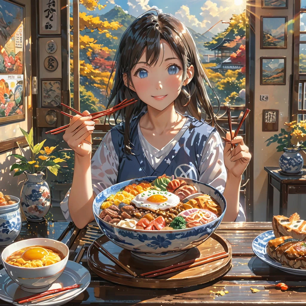 
eating breakfast, good scenery, beautiful sunshine, best food, soft hands, one hand holding chopstick, one hands peace sign, anime style, masterpiece, UHD, accurate, high quality, high details, super detail, award winning, best quality, 16k
