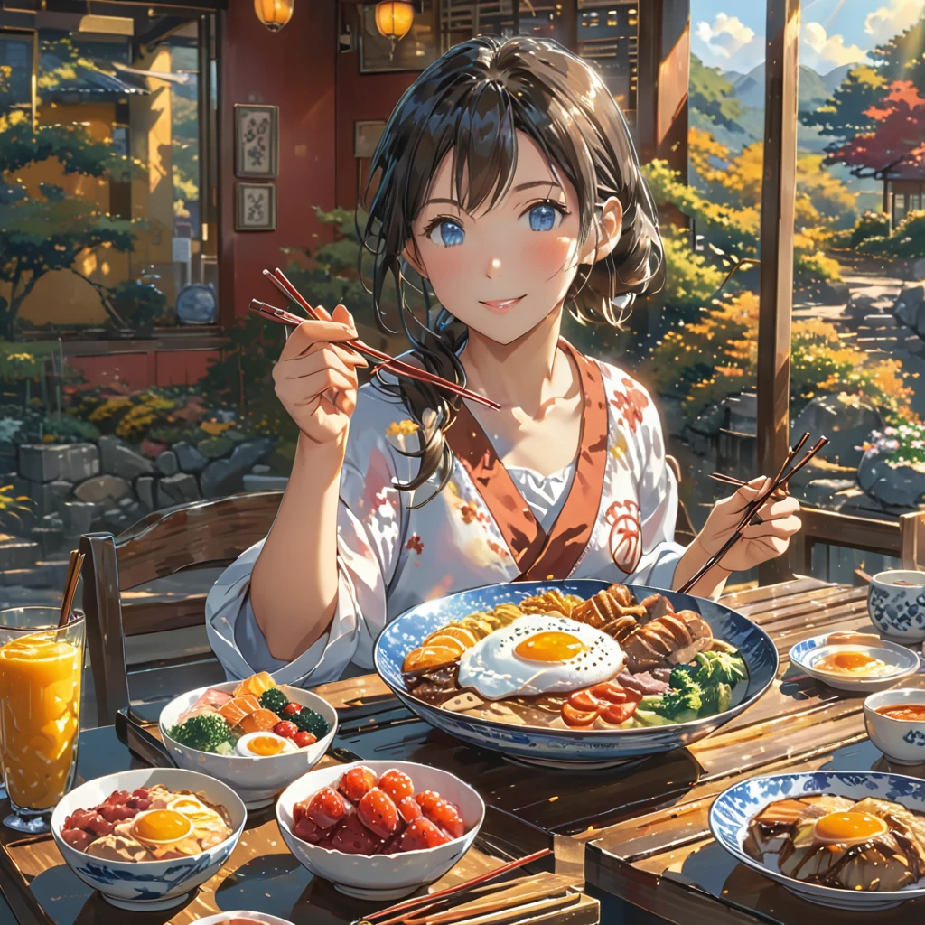 eating breakfast, good scenery, beautiful sunshine, best food, soft hands, one hand holding chopstick, one hands peace sign, anime style, masterpiece, UHD, accurate, high quality, high details, super detail, award winning, best quality, 16k