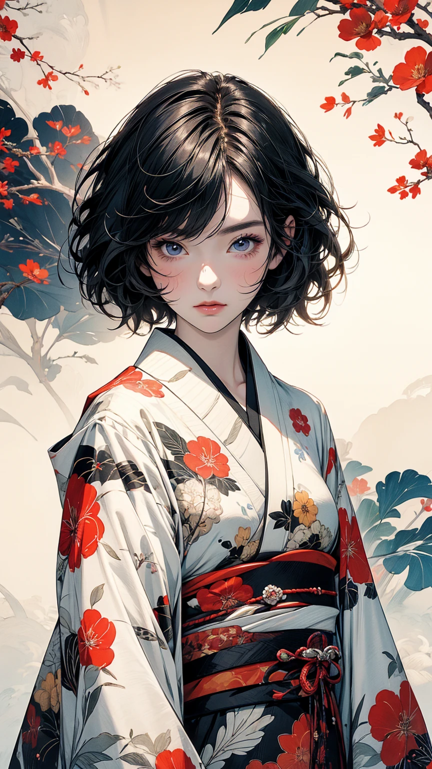 (masterpiece, High resolution, Highest quality), 20-year-old woman, Focus on the upper body, Asymmetrical short hair, kimono, Petal Collage, abstract design, artistic juxtapositions, And handle background, mixed-media approach, Anime Style, Simple lines, Digital Painting,