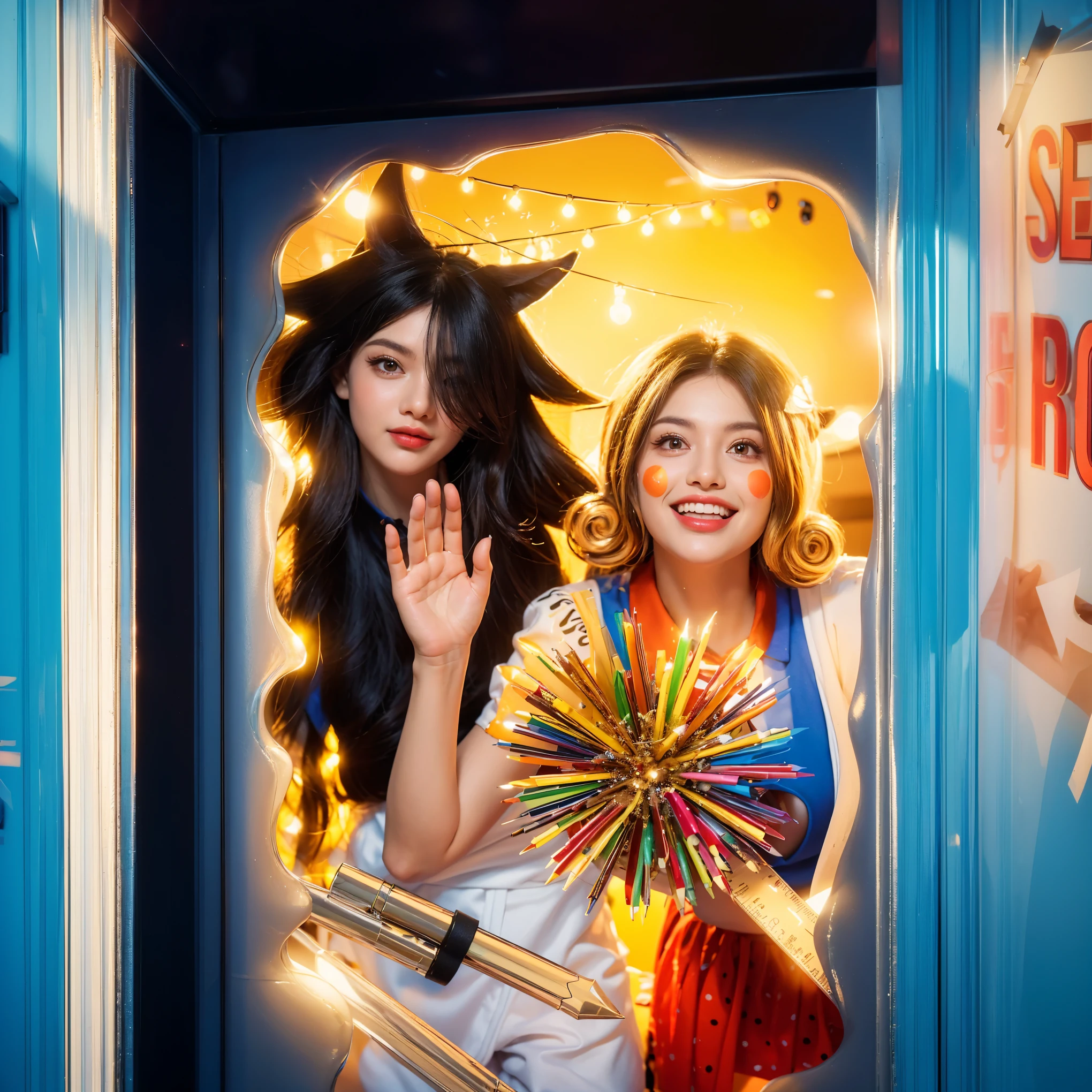 Stepping out from a festive portal, two enchanting characters present a vivid tableau of contrast and color. The character on the left captivates with her supernatural allure, her dark hair flowing wildly around her face, her gaze intense and mysterious. On the right, the embodiment of exuberance, a cheerful character in a vibrant yellow and red outfit, greets the world with a wide smile and a wave, her hands clutching a bouquet of colorful, sparkling fireworks. Behind them, the scene glows warmly under a canopy of soft lights, enhancing the magical atmosphere of this otherworldly encounter. plain background, creates a compelling visual narrative. vibrant contrast to his attire and accessories.аffects render, (glossy plastic texture with multiple big light probe refractions), perfect cgi, smooth silhouette, high intensity refraction, (super glossy plastic material), most beautiful vfx, , realistic, 4k, high resolution, rim light, smooth 3d model, multiple light sources, rim light, sharp post effects render,, realistic, 4k, high resolution, rim light detailed digital art, reflective, best quality, 4k, masterpiece:1.2, ultra-detailed, realistic, vivid colors, The image of the highest quality, ensuring every detail showcased perfectly. It in 4k resolution, allowing viewers to immerse themselves in the richness of the colors and intricate details. The realistic rendering. under the spotlight, reflecting, high-resolution image, realistic rendering