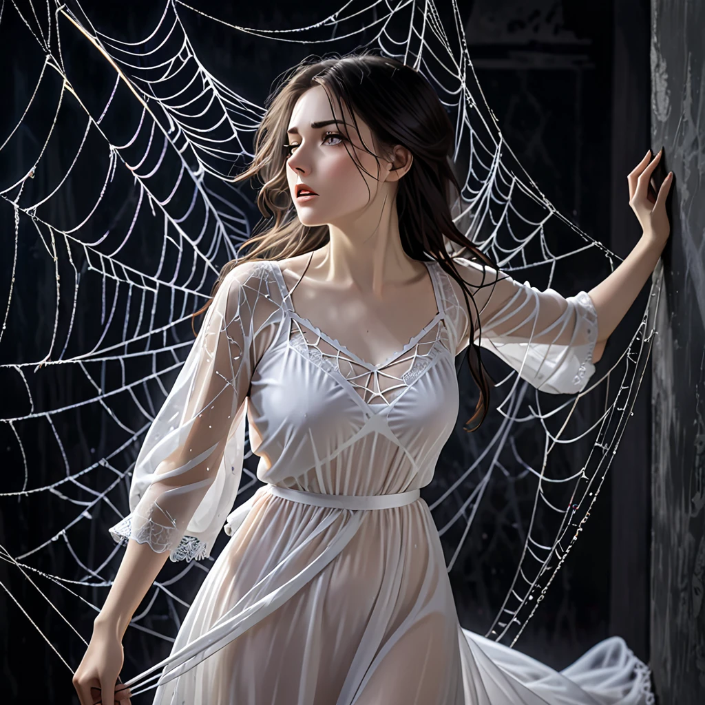 a woman entangled in the spider's web, cobweb,she's wearing a long saton nightgown