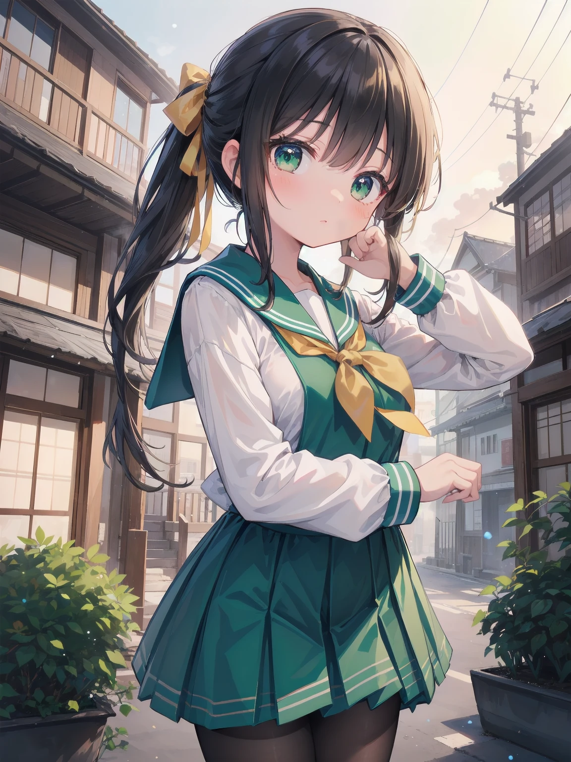 Masterpiece, illustration, super detailed, kawaii, one girl, 独奏, slender 14 year old, Japanese girl, chou chou, ribbon, nape of neck, low ponytail, cute pose in Less revealing attire, (green sailor outfit, two gold lines), large gold ribbon, priss skirt, black pantyhose, , Long Sleeves, White innerwear for sailor suit, living room, cowgirl shot, sfw, dynamic angle、Close-up on the characters、(building, city、A dense fog of fluorescent particles、1800Era、Japanese Style、Fiction、grow、Overwhelming、Detailed street)、A beautiful girl with a beautiful background and a super cute pose