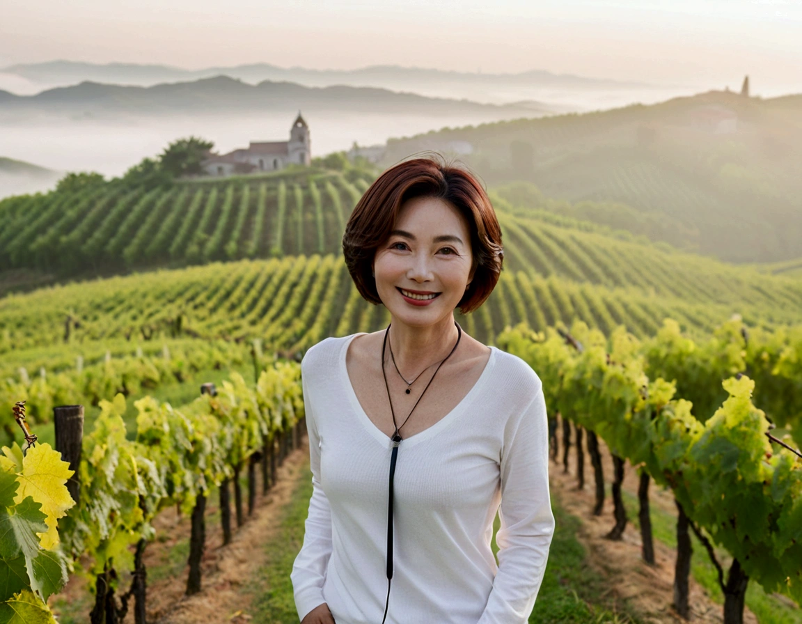 Italy foggy countryside dawn, Endless vineyards, A cathedral can be seen far away in the fog.. Korean woman in her 40s, Wearing a slightly thick knit over a luxury brand white t-shirt, casual pants, Korean woman with beautiful short medium bob hair, Standing on a path on top of a vineyard hill, Beautiful Korean woman with bright and clear skin, The neckline is clean and beautiful.. Stunning Korean woman smiling, standing in the vineyard, small black string necklace, 1 woman