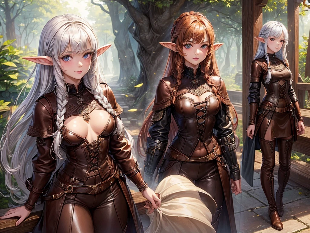 (((top-quality, masterpiece))), (best quality), (detailed), (((one young girl))), (solo girl), (wooden elfe girl), happy, charming, smiling, ((highly detailed beautiful face)), delicate girl, delicate face, light red hair, long hair, braids, bleu eyes, dark look, focused, ((small breasts)), nice hips, flat belly, slim waist, define collarbone, (((sofisticated and detailed brown leather clothes))), ((sexy laces top)), large cleavage, (((long brown leather boots))), ((silver chocker)), standing, bow hunting, sexy pose, cinematic shadow, sweet forest atmoshpere,