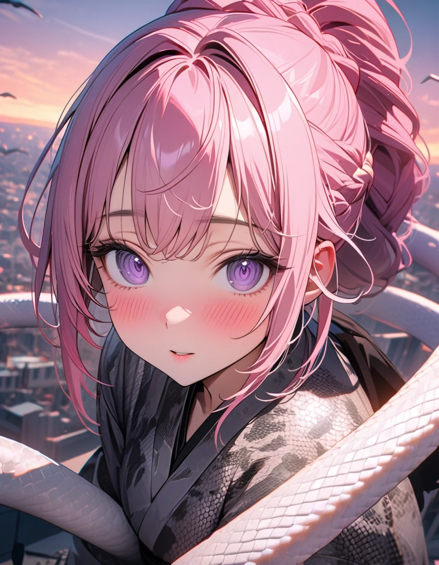 (8K, best quality, master piece: 1.2),super high resolution,1 Beautiful woman,20yo,(The woman is flying,Astride a white snake),ultra-detailed face,detailed eyes,braid ponytail,pink hair,lash extension,Purple eyes,uneasy,Blush,looking at viewer,python printed silver kimono,Above the sky,Twilight