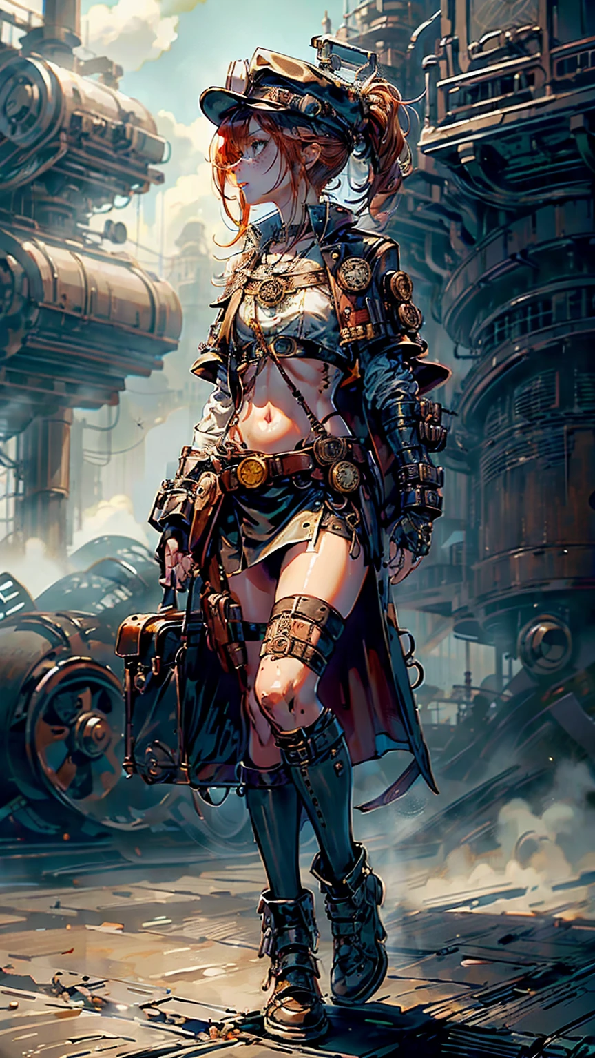 Female,
Apparel: Young Adult, Slender, Cute and Sexy, Freckles, Pigtail Hair, Ginger Hair, Blue Eyes,
Aesthetic: (Steampunk, Detective)
Outfit: Detective Outfit, White Shirt, Crop top Shirt, Midriff, , Half Glove, Leather Socks, Detective Cape, Belt, flat cap, V-neck Vest, Mini Skirt, Micro skirt,
Accessories: Stopwatch,
Object: Suitcase

