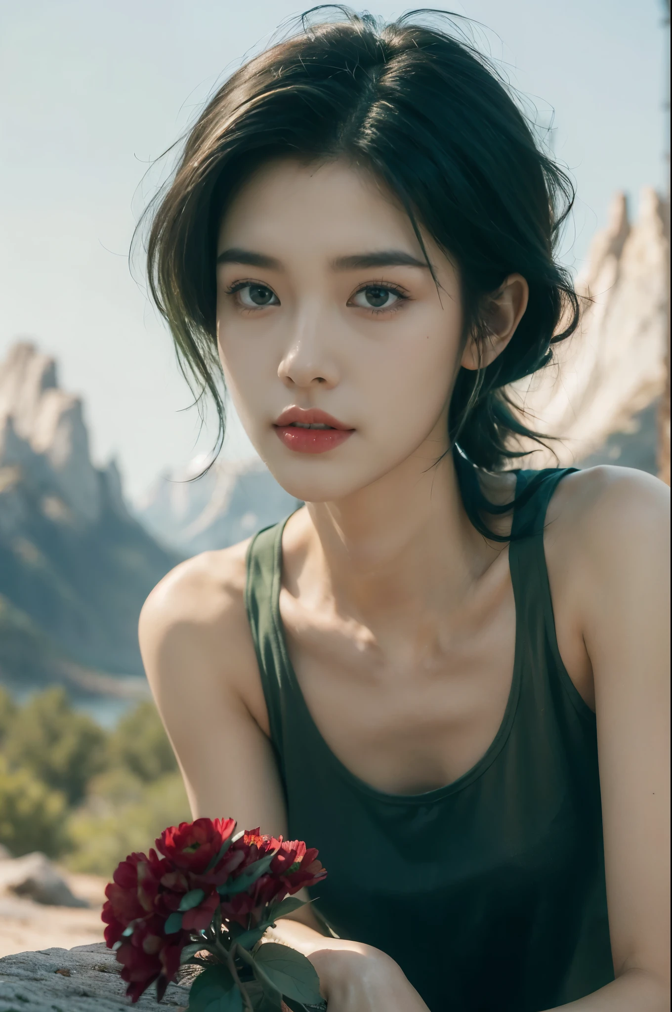 (((best quality))),(((ultra detailed))),(((masterpiece))),illustration,((1 beautiful girl,tomboy,solo)),(short black hair:1.3),((slim,thin)),((small breasts,thin)), vigorous, confident, (green tank top:1.3),simplicity, robustness, strong features, (Abandoned Gobi Scene:1.3),(Rock surface:1.2),glowing eyes, rebellious, sensible, (mountainous landscape:1.3), (beside a vibrant red flower:1.3),elegance, unyielding spirit, youthful beauty, strength, resilience, adversity, challenges,((from front,close-up of face))
