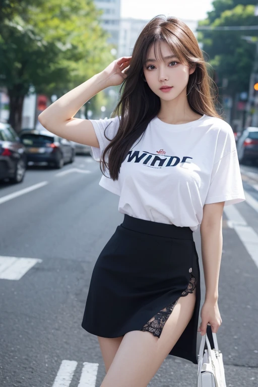 (One Girl), Very cute face, Great face and eyes, (Highly detailed eyes, Highly detailed face), Fresh, Very beautiful appearance, (Ultra-realistic, High resolution), (Highest quality:1.4), RAW Photos, (Realistic, Photorealistic:1.37), Professional photography,Leg Details、(Spread your legs:0.7)、(Lace panties:0.9)、(Wind力上昇:1.6)、whole body、Wind、city、Outdoor、Big Breasts、Casual clothing、T-Shirts、Plain、skirt、whole body