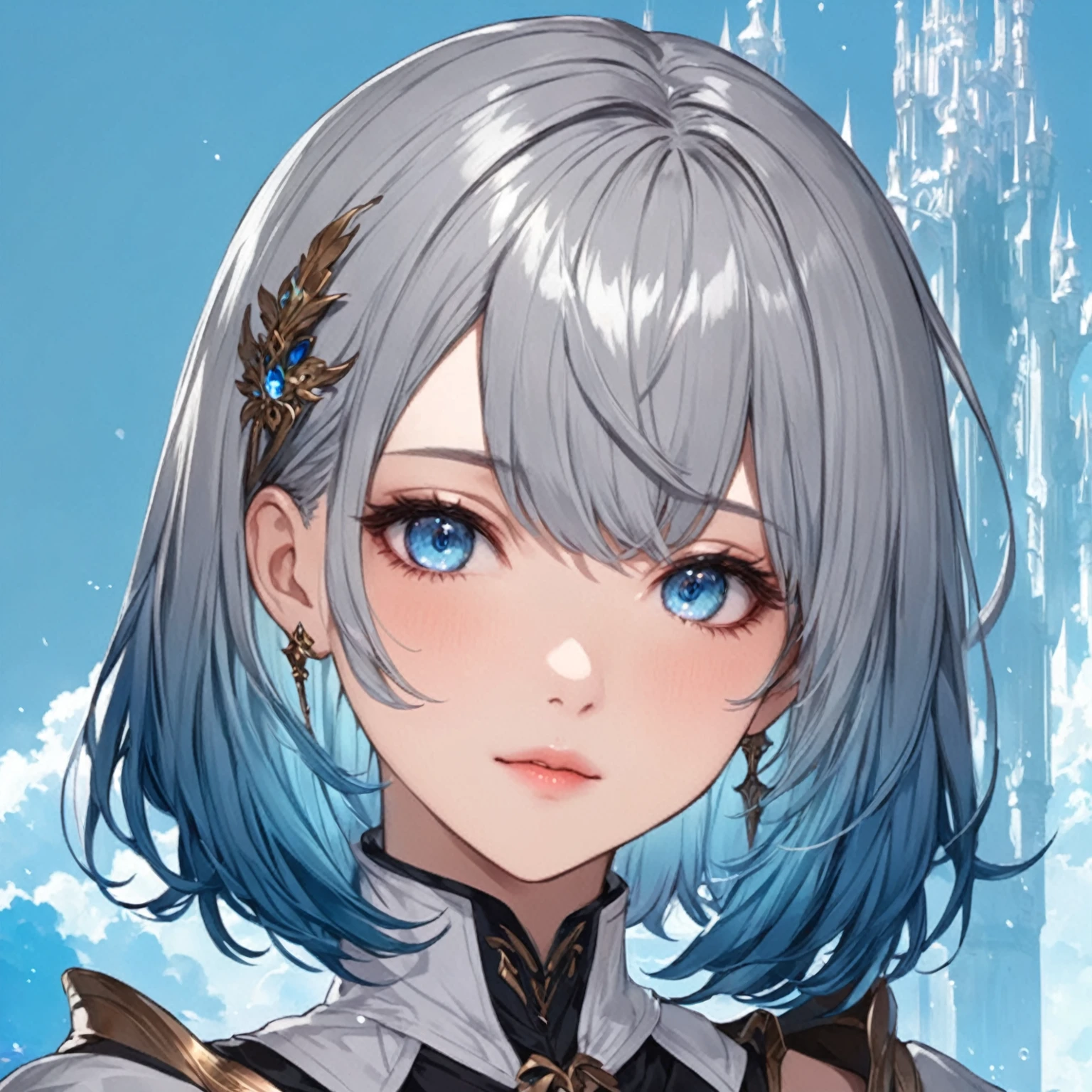 masterpiece, best quality, good quality, Fantasy Aesthetic, Highly detailed, shadowverse style, female, short hair, gray blue gradient hair, 