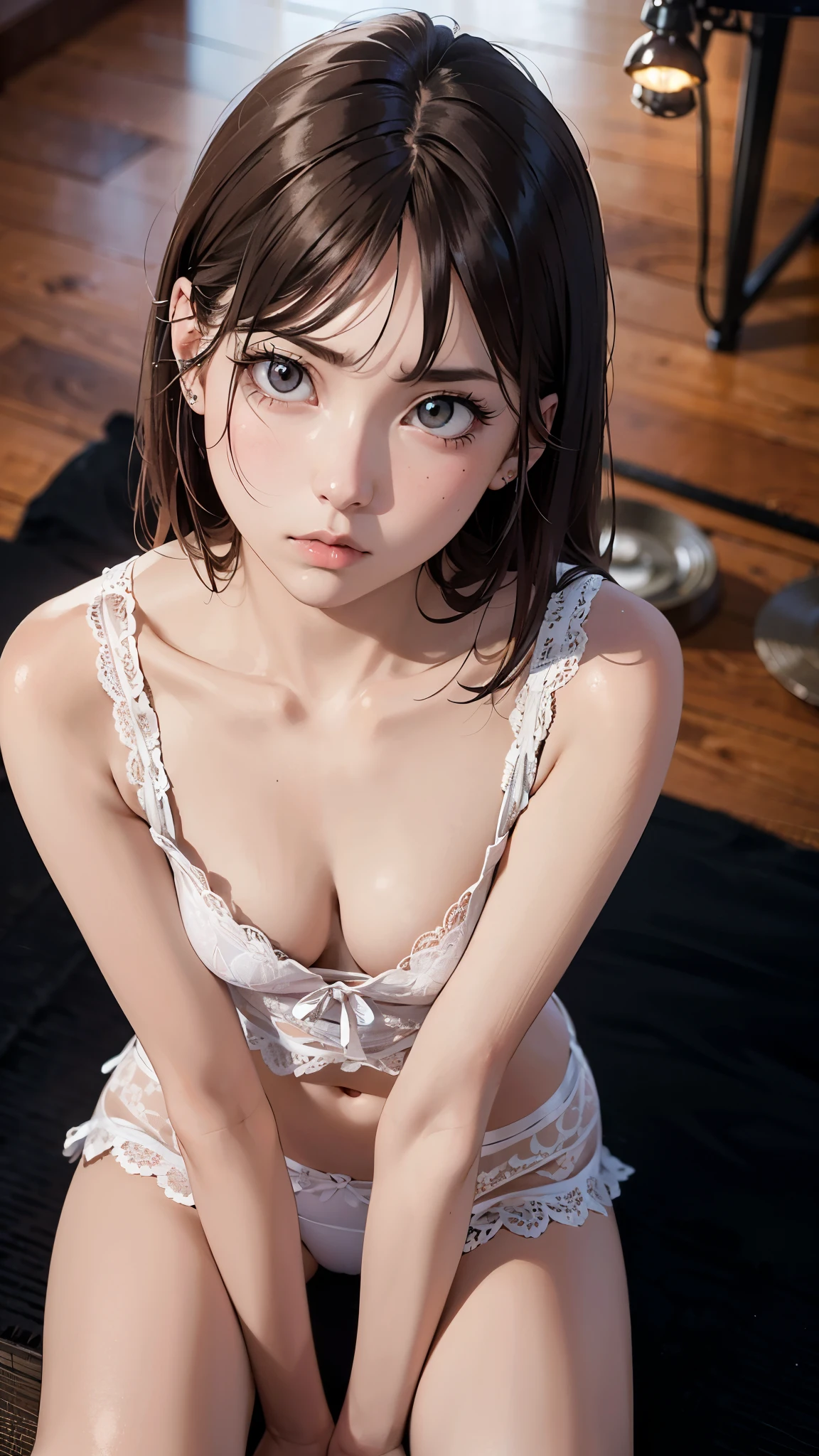 (One Girl:1.3), Cinematic Light,  (Tabletop, Highest quality, Highest quality, Official Art, beautifully、aesthetic:1.3), Very detailed,Best details,(Very detailed),((Very delicate and beautiful)), ((Squatting on the floor of the apartment on a dark night)), (Delicate and beautiful eyes)、(slightly red lips:0.8),From above, alone, chest, Silky long hair, (Brown Hair), Casual clothing, Pink lace innerwear,  26 years old, Unsettled Gaze, Torn clothes, Anxious, Embarrassing, (look up:1.4),flat chest,nsfw