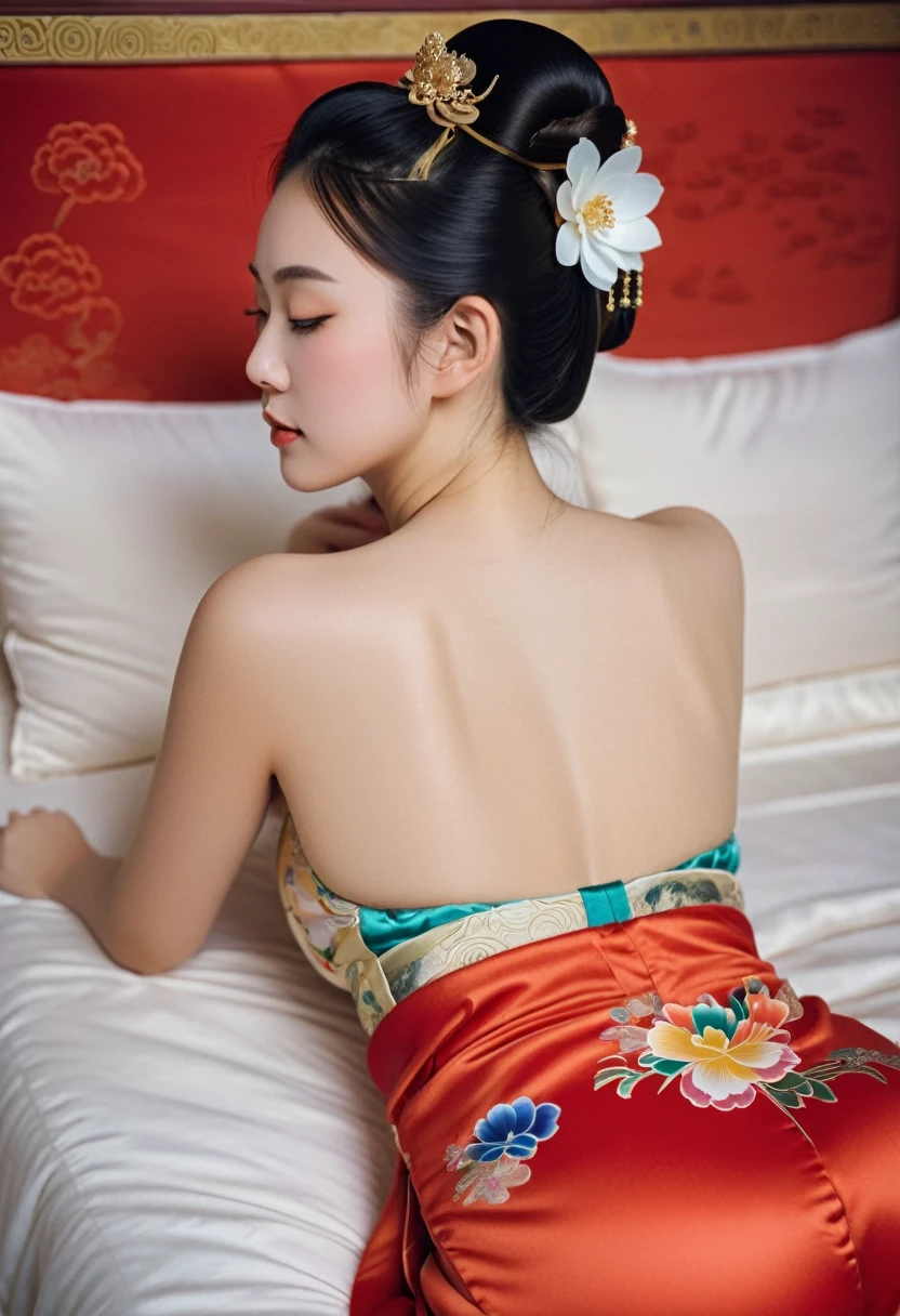A side view of a Chinese empress relaxing in bed, with a close-up view of her buttocks. In the background is a Chinese palace from the Qing dynasty. She is sleeping in red Hanfu, with only her large buttocks sticking out. She is either wearing underwear or not, and her buttocks are sticking out and floating up. Her hair is decorated with a large, flashy flower. The back of the hair is tied up and up.