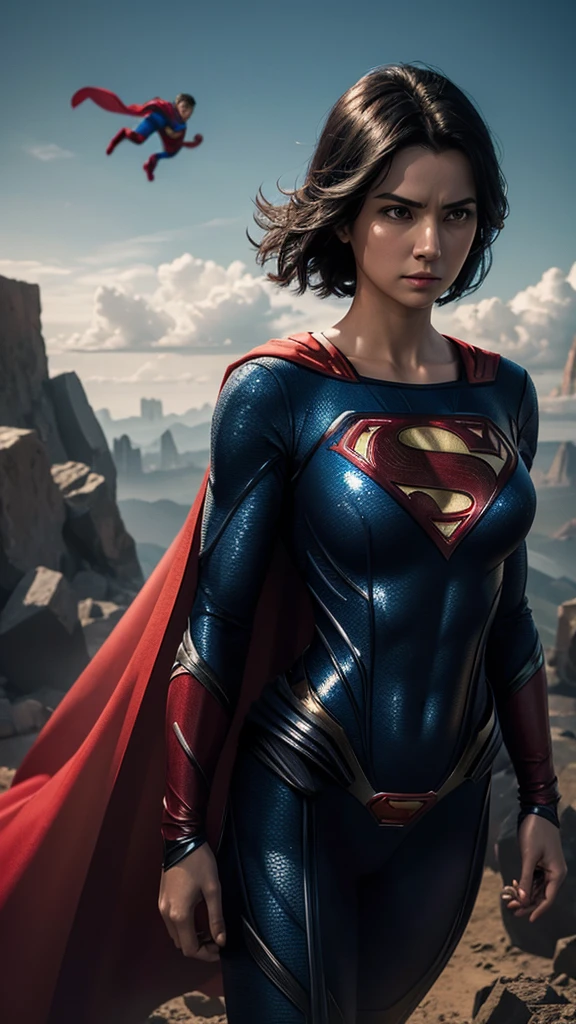 Woman wearing detailed SuperMan costume with full sleeves covering the entire body, short black hair, serious face, (flying in sky), vivid colors, dramatic lighting, red cape, cinematic costume, carbon fiber detailed suit,