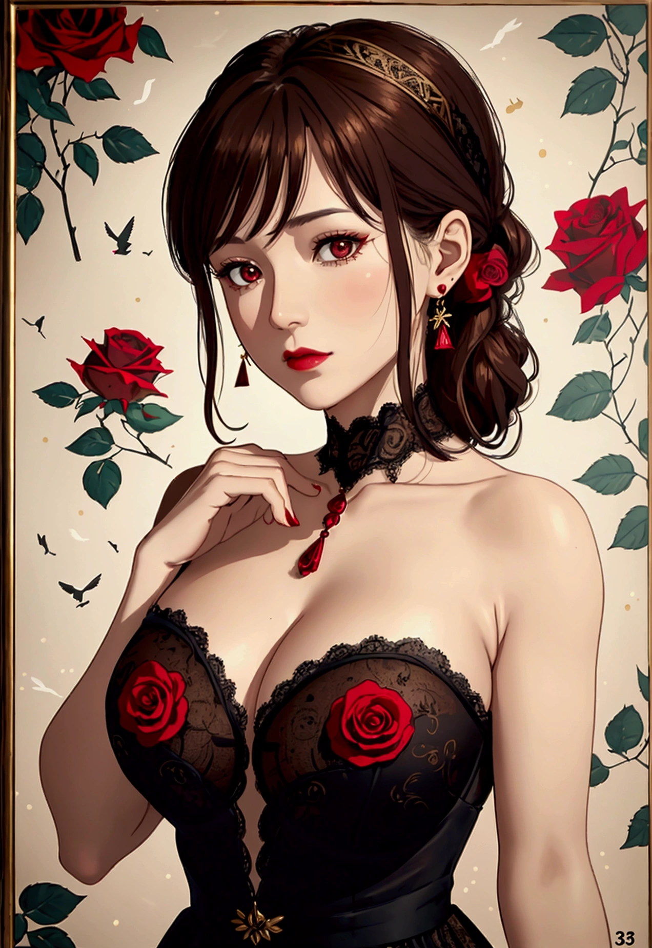 8k, RAW photo, Fujifilm, style photo of a beautiful 45 year old woman, square face, a red rose on the neck, wearing black lace dress with red, golden earrings, strong features like a spinning dove, (highly detailed skin: 1.2), medium brown hair with lights, film grain, 35mm, cute style