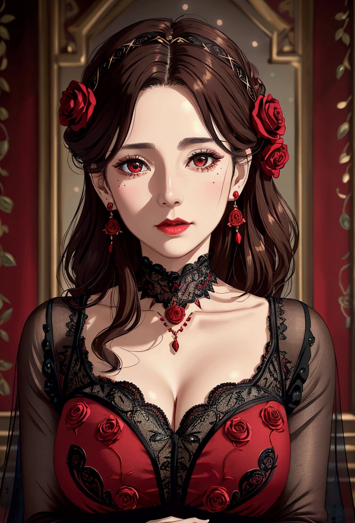 8k, RAW photo, Fujifilm, style photo of a beautiful 45 year old woman, square face, a red rose on the neck, wearing black lace dress with red, golden earrings, strong features like a spinning dove, (highly detailed skin: 1.2), medium brown hair with lights, film grain, 35mm, cute style