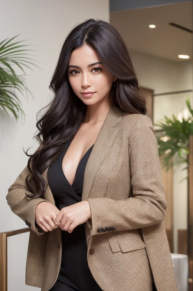 1 adult woman, long hair, curly hair, Black hair color, Smooth skin, brown eyes, smile, Vegetation, From time to time, Business woman style clothes, light brown blazer, realism, With a background in a luxurious restaurant, 8k super realism, super detalhado e realism