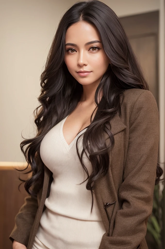 1 adult woman, long hair, curly hair, Black hair color, Smooth skin, brown eyes, smile, Vegetation, From time to time, Business woman style clothes, light brown blazer, realism, With a background in a luxurious restaurant, 8k super realism, super detalhado e realism