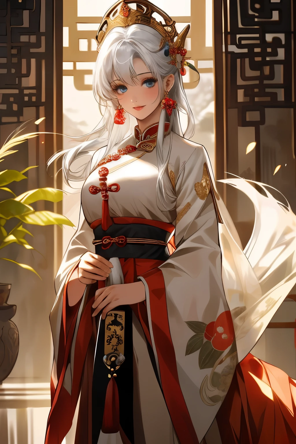 ((best quality)), ((masterpiece)), (detailed), Photorealistic, high resolution, mature woman, Hips up, Beautiful eyes, , Blue eyes, jewelry, Hanfu, Chinese fairy, Taoist uniform, เสื้อผ้าขนาดใหญ่, Curtain Bangs, white hair, หน้าอกใหญ่, HDR (high dynamic range), PBR surface, After processing, Anisotropic filtration,depth of field, Maximum clarity and clarity, multi-layered surface, perfect proportions, 8K raw files, กระโปรงสั้น, natural lighting, soft lighting, sunlight,