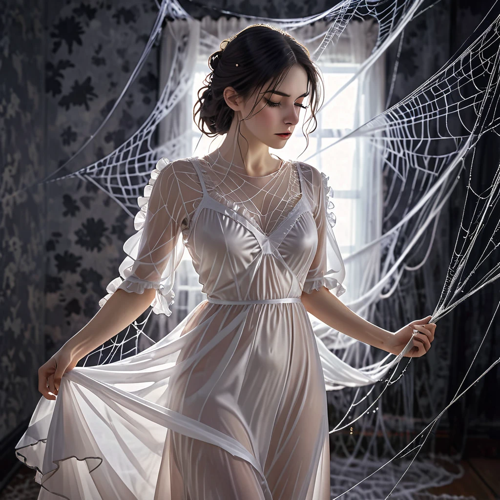 a woman entangled in the spider's web, cobweb,she's wearing a long ruffled satin nightgown