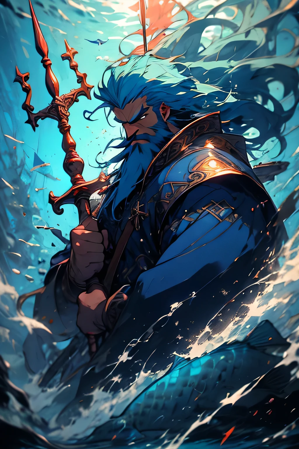 Poseidon with beard holding a trident blue color scheme and fishes