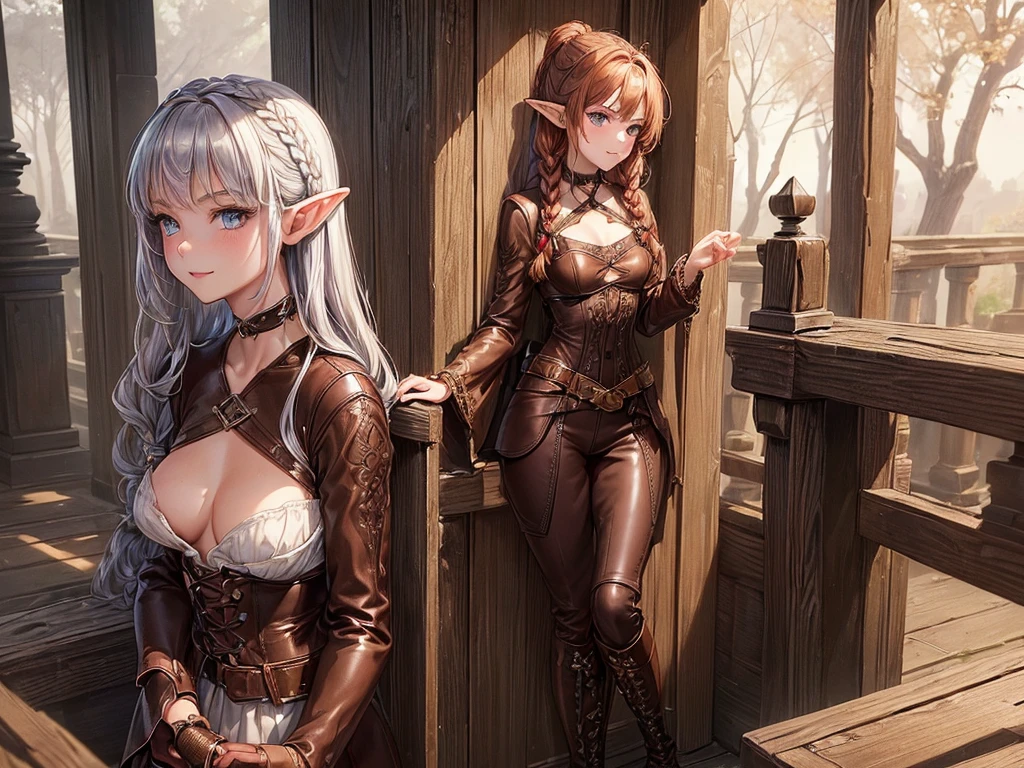 (((top-quality, masterpiece))), (best quality), (detailed), (((one young girl))), (solo girl), (wooden elfe girl), happy, charming, smiling, ((highly detailed beautiful face)), delicate girl, delicate face, red hair, long hair, braids, bleu eyes, dark look, focused, ((small breasts)), nice hips, flat belly, slim waist, define collarbone, (((sofisticated and detailed brown leather clothes))), ((sexy laces top)), large cleavage, (((long brown leather boots))), ((silver chocker)), warrior, standing, protecting, bow, guardian, sexy pose, cinematic shadow, sweet forest atmoshpere,