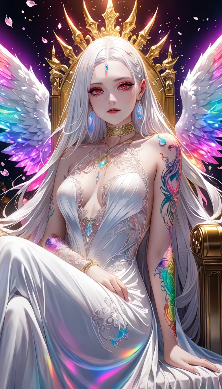 from below, seamless image fusion, beautiful and adorable white demon queen, amorous and lewd face, cool and sadistic, looking down with a cold gaze, make-up, silky straight white hair, wearing iridescent pure white long dress, choker, covered in tattoos, great proportion, crimson eyes, luxuriously designed pure white castle, languidly seated on gold thread-decorated throne, iridescent petals fluttering down, rainbow neon light effects, shading effects, gradation magic effects, glitter effects, (ultra detailed, absolutely resolution, best quality:1.3), 2.5D, delicate and dynamic, artistic photography, hyper realistic, graphic CG digital art