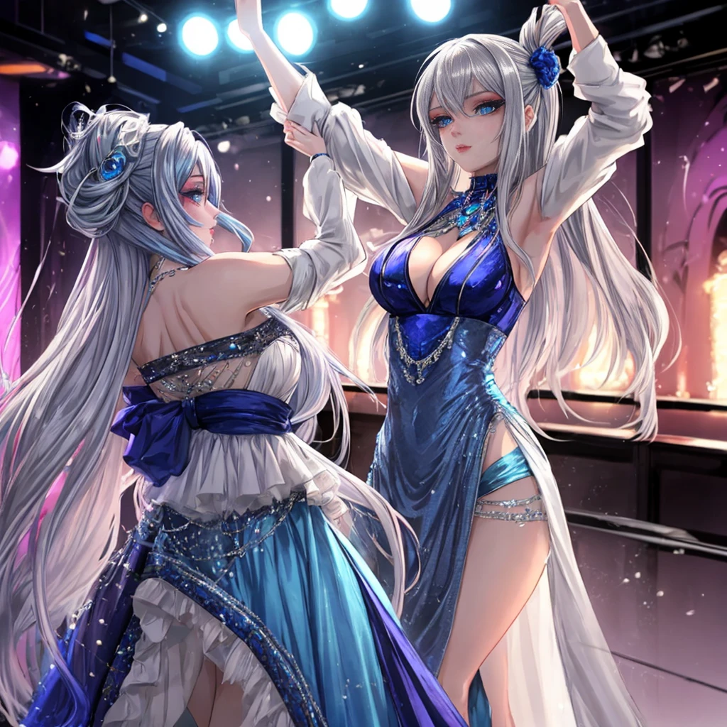 In the anime-style nightclub, there is a beautiful young woman with long, silver hair and striking blue eyes. She is dressed stylishly, fitting the vibrant atmosphere of the club, and is dancing amidst the colorful lights. The lighting highlights her features, making her stand out in the lively scene.