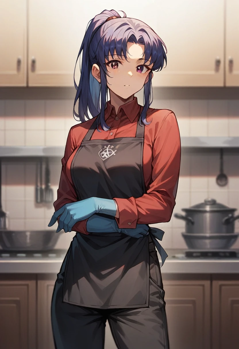 1girl, misato katsuragi, ponytail, ((blue half elbow gloves)), (red shirt), ((long sleeves)), (black apron), (pants), looking at viewer, standing, solo
