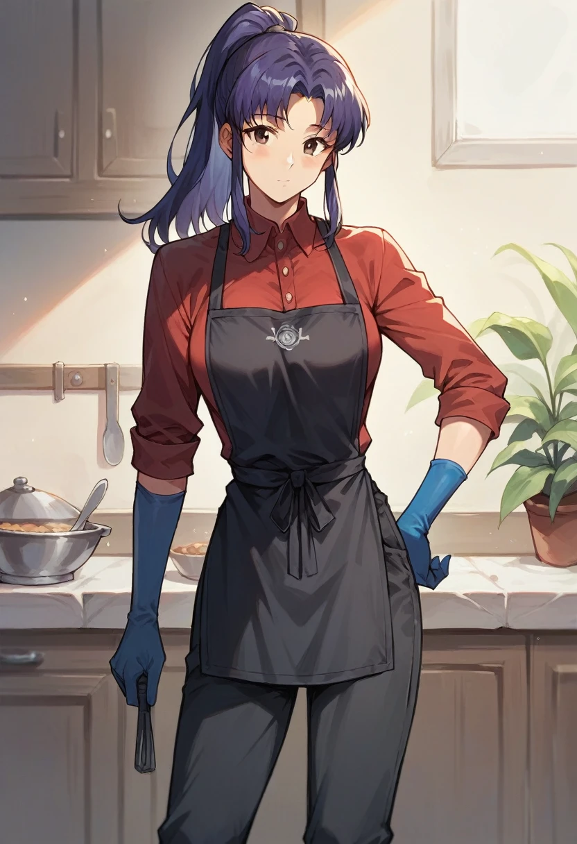 1girl, misato katsuragi, ponytail, ((blue half elbow gloves)), (red shirt), ((long sleeves)), (black apron), (pants), looking at viewer, standing, solo